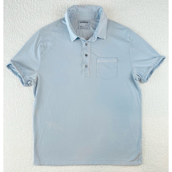 EXPRESS • Blue/White Short Sleeve Stretch Polo Tee - Picture 15 of 15